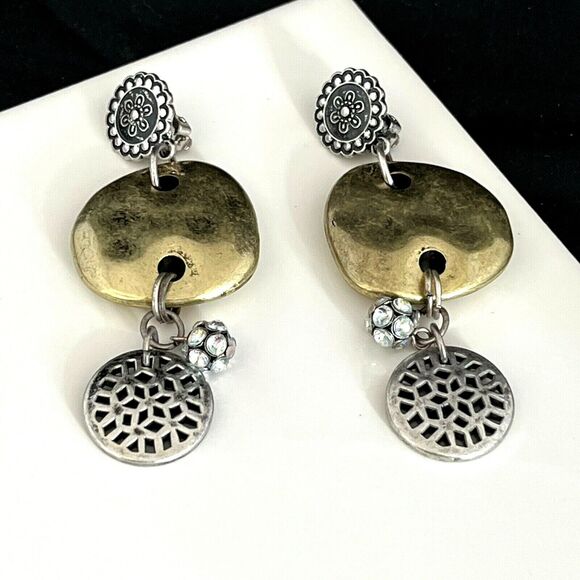 Vintage Statement Earrings Antique Silver Gold Crystals Hammered Tone Clip On 6H - Picture 4 of 4